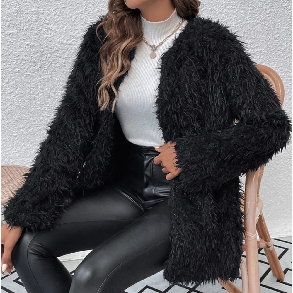 Cozy Faux Vegan Fur Open Front Jacket Coat Hot Pink - Picture 13 of 14